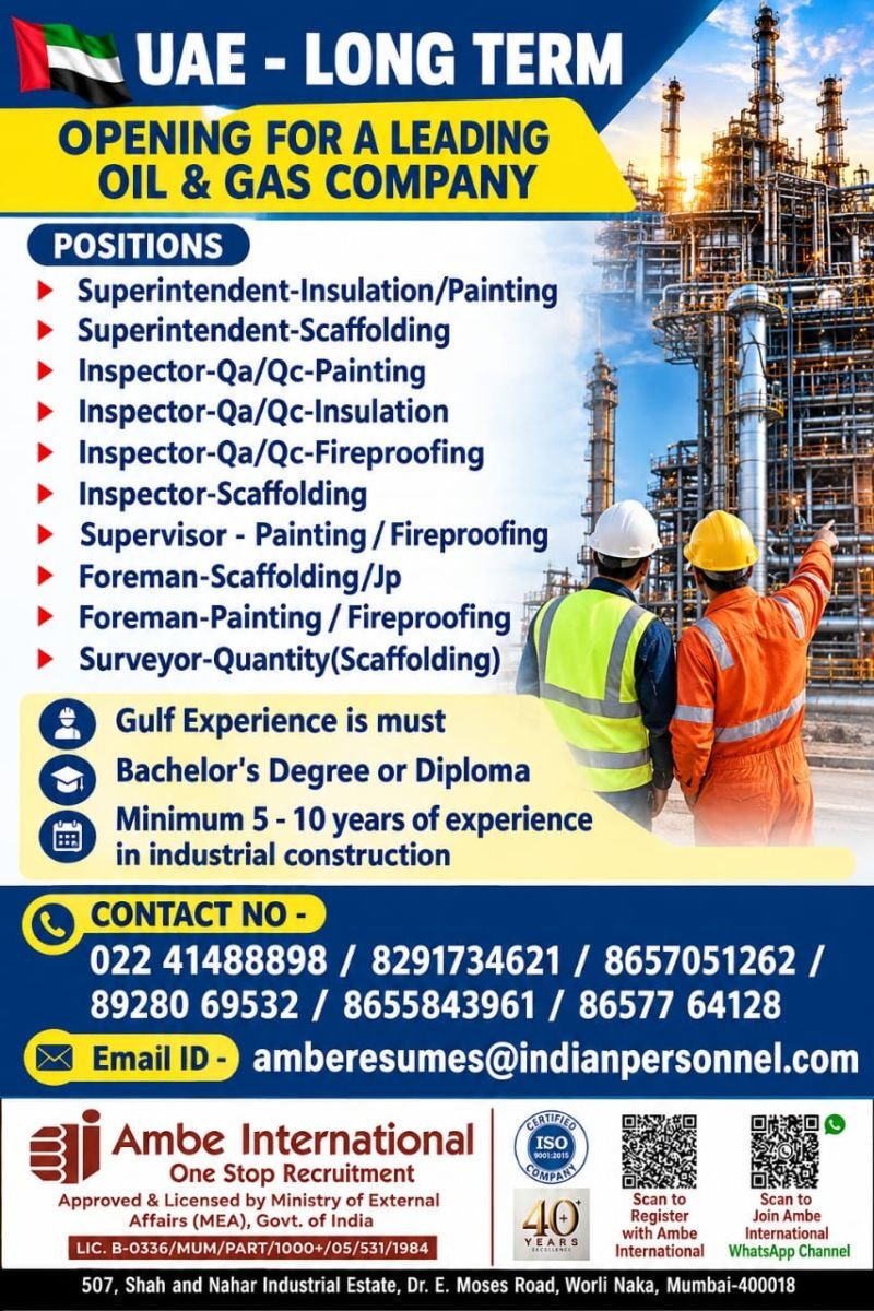 UAE Jobs 2026: Oil and Gas Company Hiring Superintendents, Inspectors and Supervisors