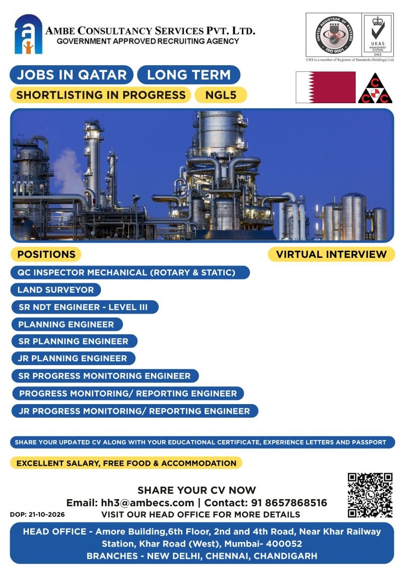 Hiring for a prestigious Oil & Gas project in Qatar - NGL5 Project