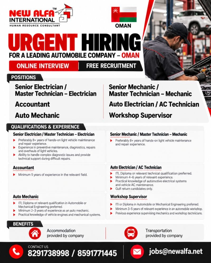 hiring experienced professionals for a leading automobile company in Oman hiring experienced professionals for a leading automobile company in Oman