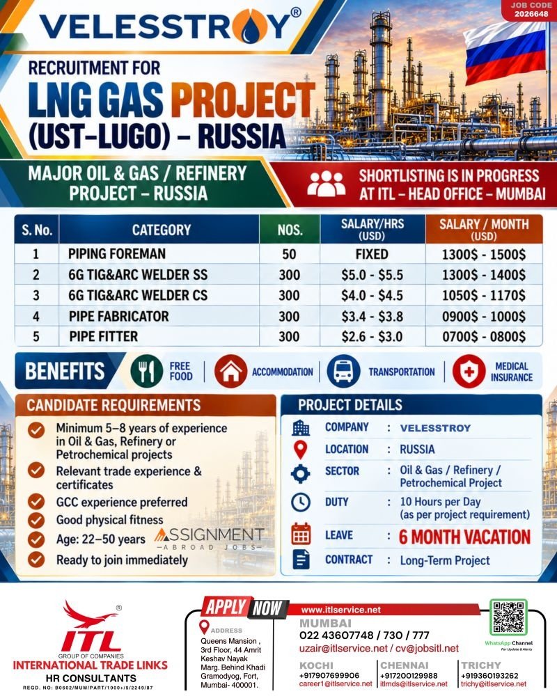 Jobs in Russia 20026 : Hiring For a major LNG Gas Project (Ust-Lugo) with Velesstroy