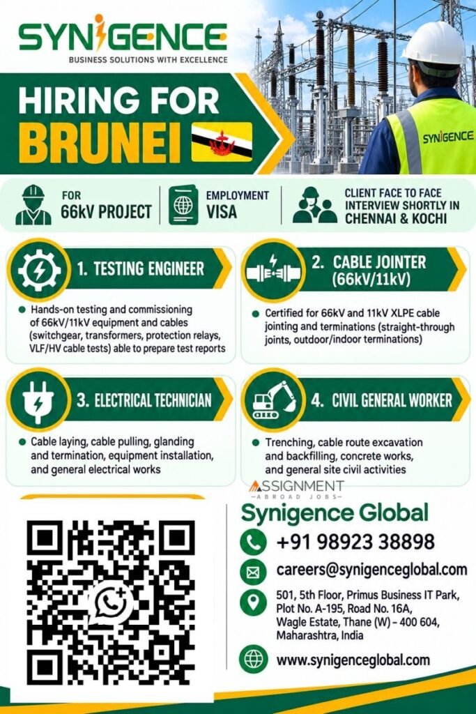 Recruitment for a 66kV Electrical Project in Brunei Recruitment for a 66kV Electrical Project in Brunei