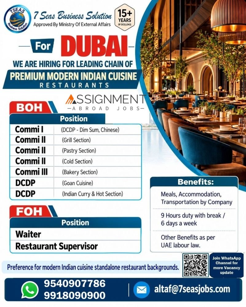 hiring for a leading chain of premium modern Indian cuisine restaurants in Dubai.