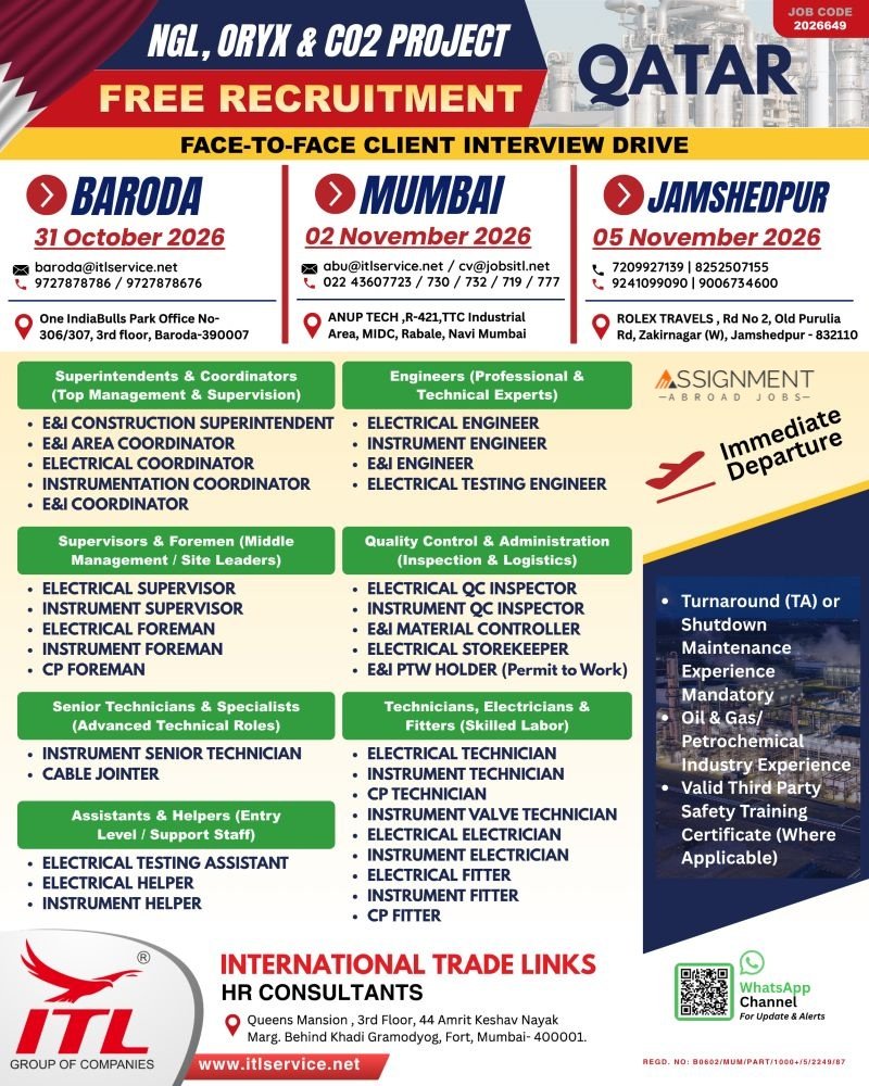 Free Recruitment Drive for Qatar (NGL, ORYX & CO2 Project) Free Recruitment Drive for Qatar (NGL, ORYX & CO2 Project)