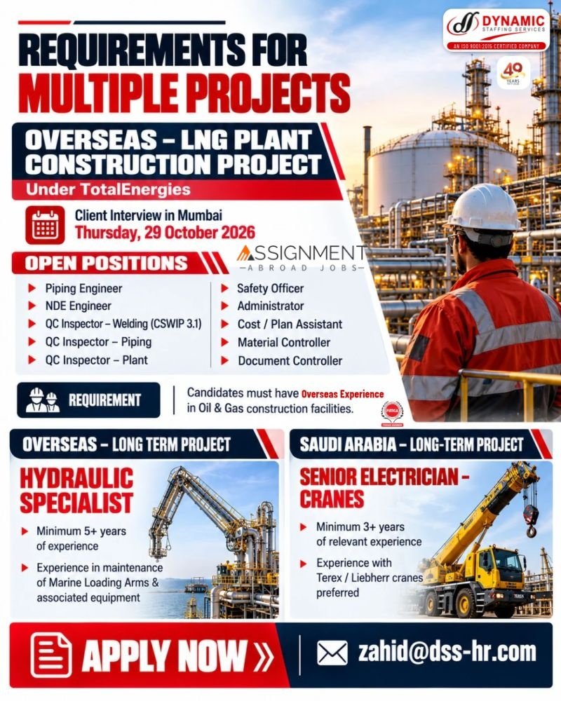 Overseas Jobs 2026 – LNG Plant Construction & Saudi Arabia Vacancies