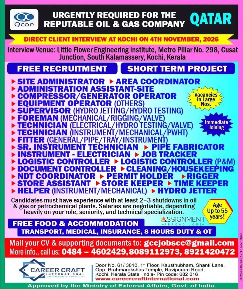 Qatar QCON Oil & Gas Jobs 2026 – Multiple Vacancies for Short-Term Shutdown Project Qatar QCON Oil & Gas Jobs 2026 – Multiple Vacancies for Short-Term Shutdown Project