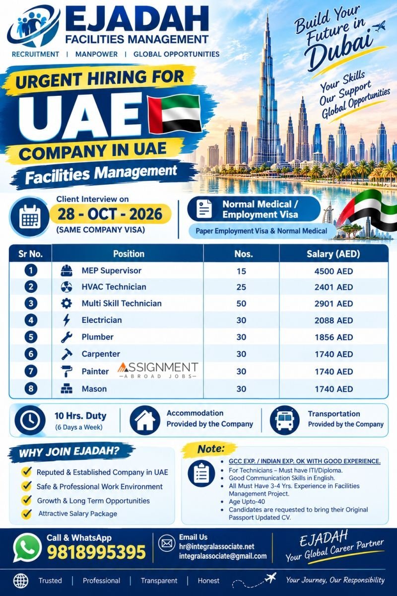 UAE job vacancies 2026 – Ejadah facilities management