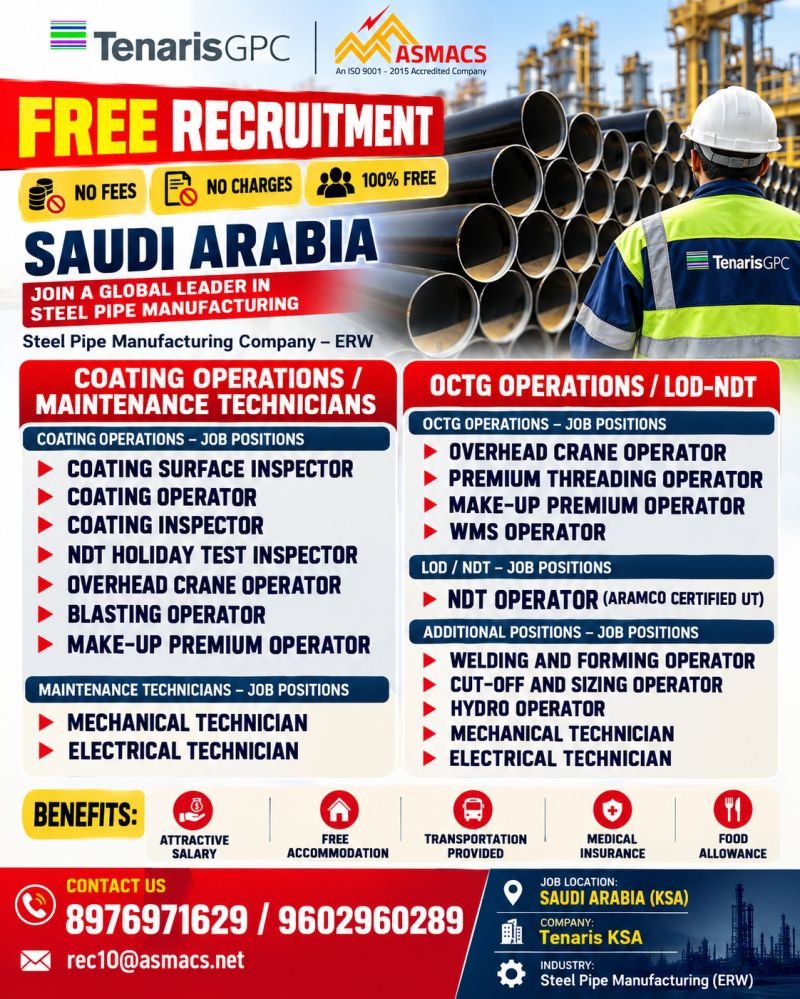 Free Recruitment for Saudi Arabia – Steel Pipe Manufacturing Company