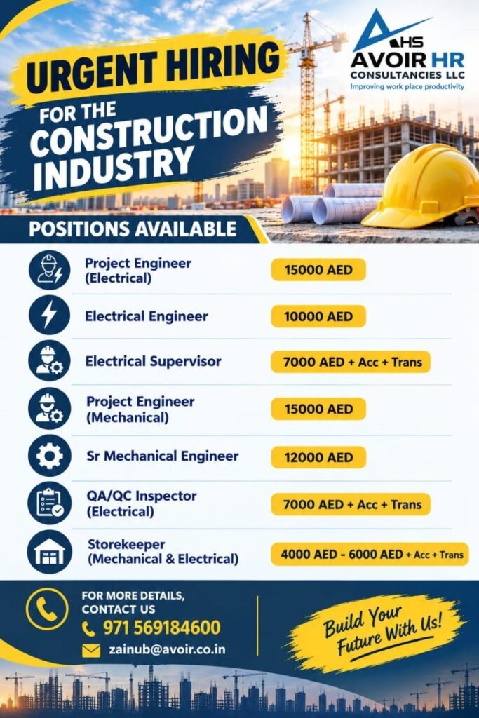 Dubai Jobs : Recruitment For Construction Industry.