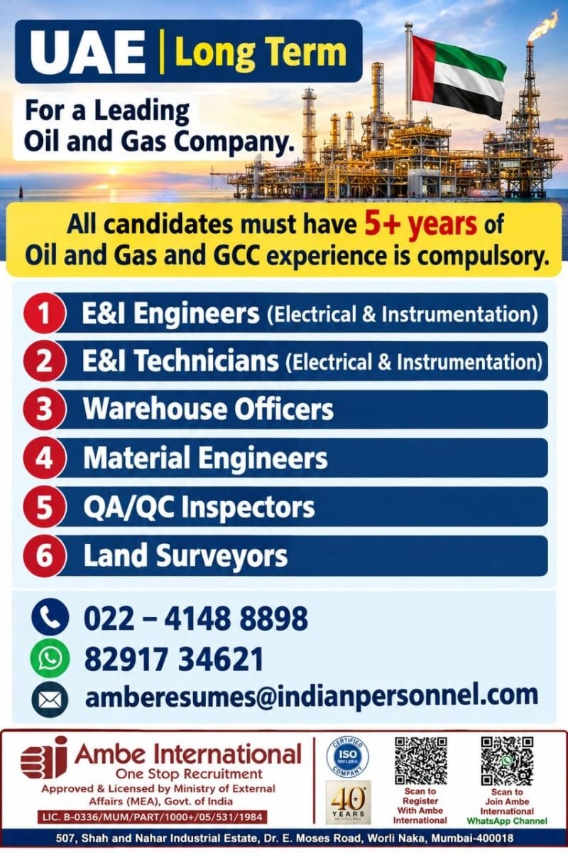 UAE Jobs 2026: Oil and Gas Vacancies for E&I Engineers, Technicians, QA/QC Inspectors and Surveyors