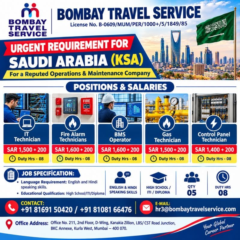 Ugently hiring for a reputed Operations & Maintenance Company in Saudi Arabia