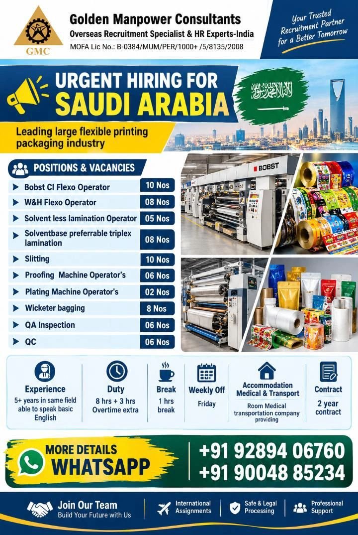 Hiring for a leading flexible printing & packaging industry in Saudi Arabia