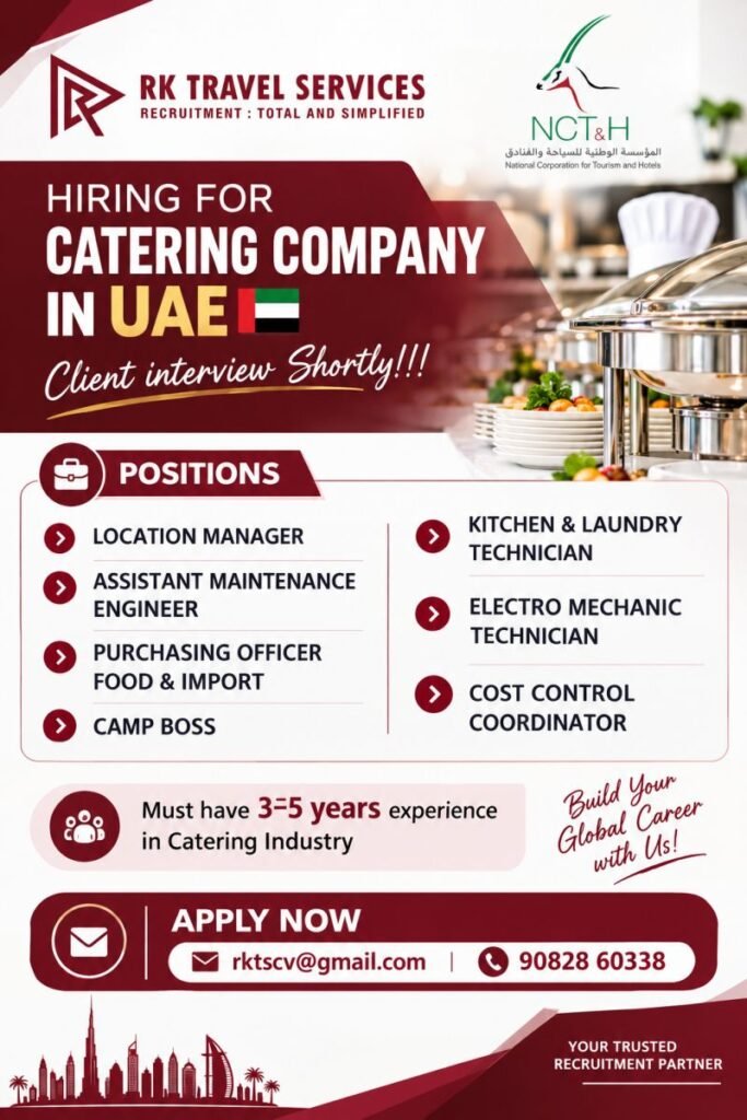 UAE Jobs : Hiring for multiple positions in the catering industry NCT&H