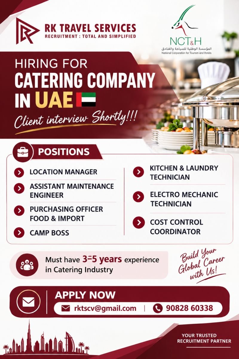 UAE Jobs : Hiring for multiple positions in the catering industry NCT&H