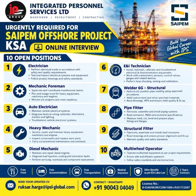 Saudi Arabia : Recruitment For SAIPEM Offshore Project Saudi Arabia : Recruitment For SAIPEM Offshore Project