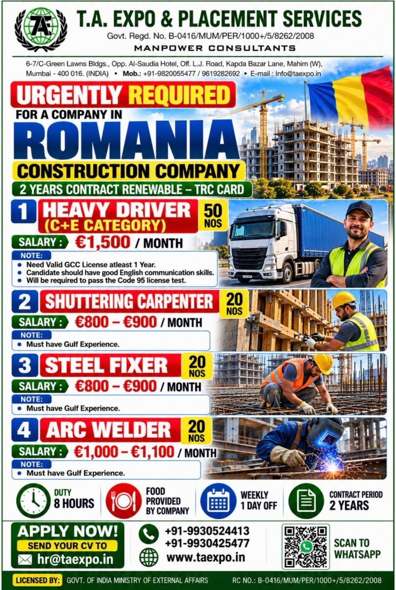EUROPE : hiring skilled professionals for a leading construction company in Romania  Heavy Drivers (C+E Category) – 50 Vacancies | €1,500/month  Shuttering Carpenters – 20 Vacancies | €800–€900/month  Steel Fixers – 20 Vacancies | €800–€900/month  Arc Welders – 20 Vacancies | €1,000–€1,100/month  8-hour duty  Food provided by the company  1 day off per week  Gulf experience required for skilled trades  Heavy drivers must hold a valid GCC licence and pass the Code 95 test. To Apply, Send your CV to: hr@taexpo.in Contact: +91 99305 24413 | +91 99304 25477 Disclaimer: Read the ad to know more about the vacancies and the qualifications / Experience reqd. | Read the Ad carefully before you apply.We are a job information platform and are not directly involved in the recruitment or selection process. While we strive to share only genuine opportunities, we strongly advise all candidates to thoroughly verify the recruiting agency/license/employer before accepting any offer or making any payment.