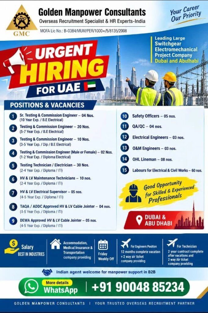 UAE Jobs 2026 : Recruitment for Leading Switchgear & Electromechanical Project Company 