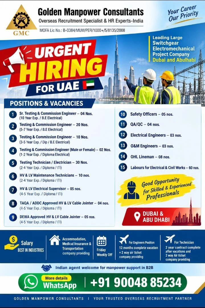 UAE Jobs 2026 : Recruitment for Leading Switchgear & Electromechanical Project Company 