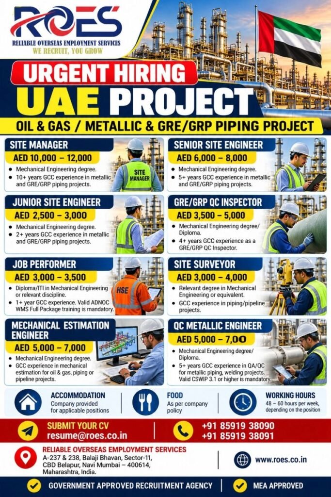 UAE : Hiring For Oil & Gas | Metallic & GRE/GRP Piping Project UAE : Hiring For Oil & Gas | Metallic & GRE/GRP Piping Project