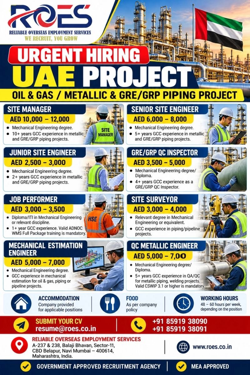 UAE : Hiring For Oil & Gas | Metallic & GRE/GRP Piping Project