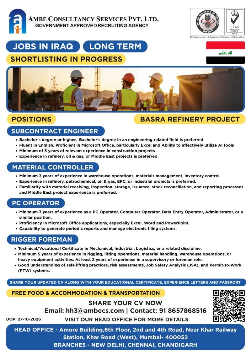 Iraq Jobs 2026: Basra Refinery Project Recruitment 