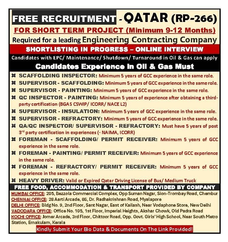 Qatar : Recruitment For A leading engineering contracting company