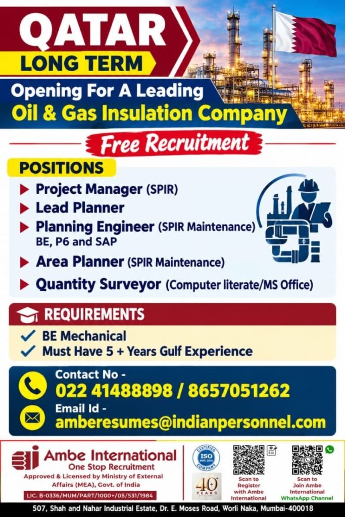 Qatar : Free Recruitment for Oil & Gas Insulation Company