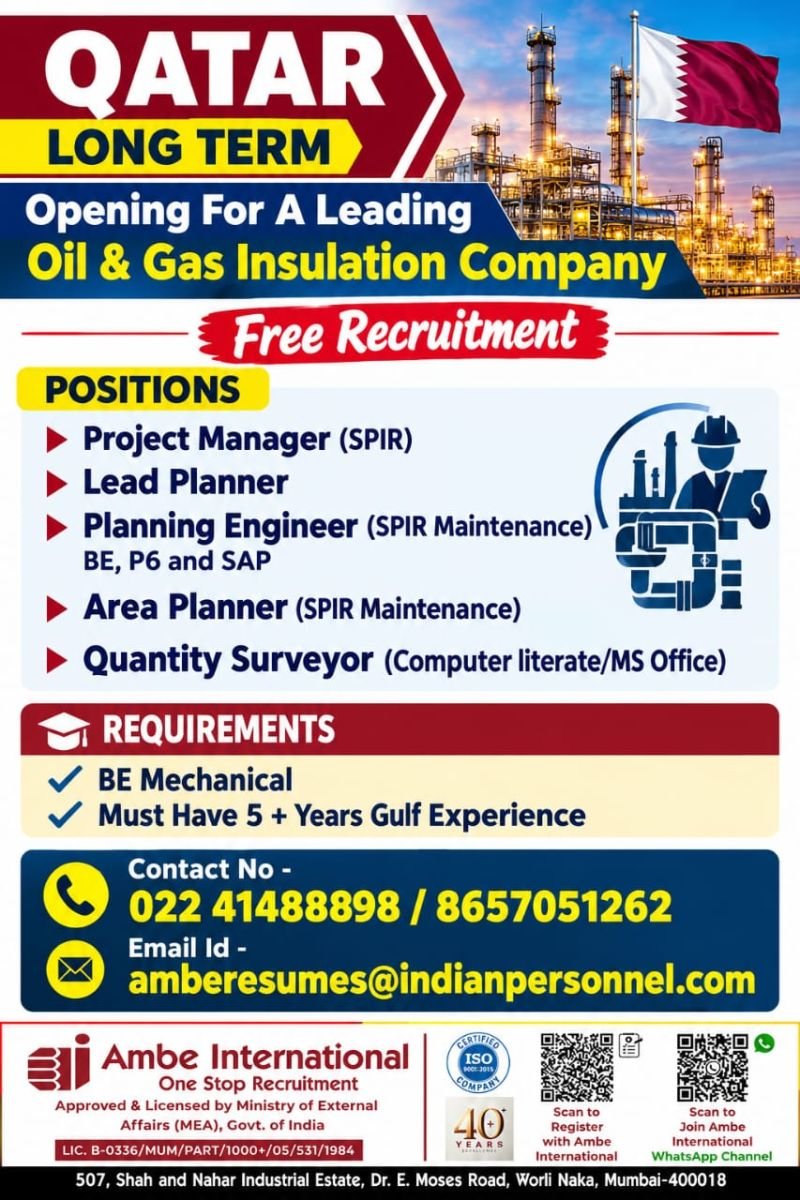 Qatar : Free Recruitment for Oil & Gas Insulation Company