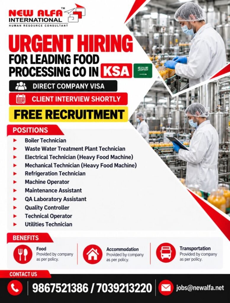 Saudi Arabia : Recruitment For A leading food processing company Saudi Arabia : Recruitment For A leading food processing company