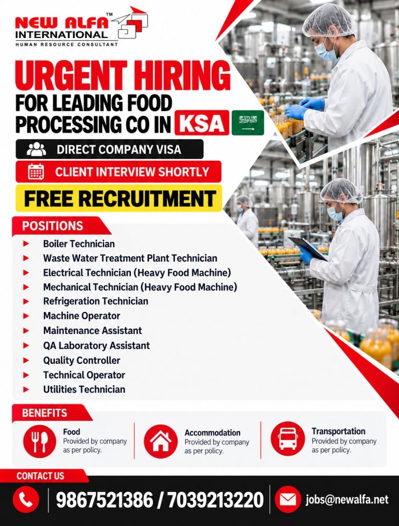 Saudi Arabia : Recruitment For A leading food processing company 