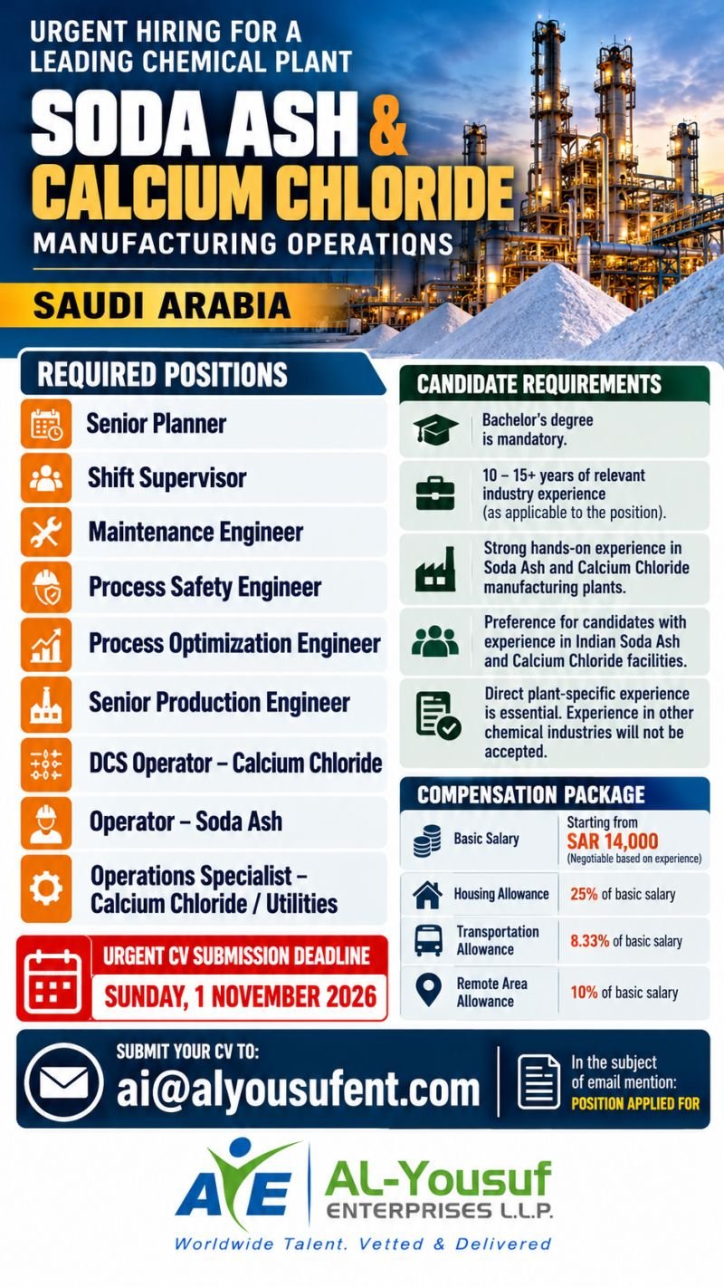 Saudi Arabia Jobs 2026: Soda Ash and Calcium Chloride Manufacturing Recruitment