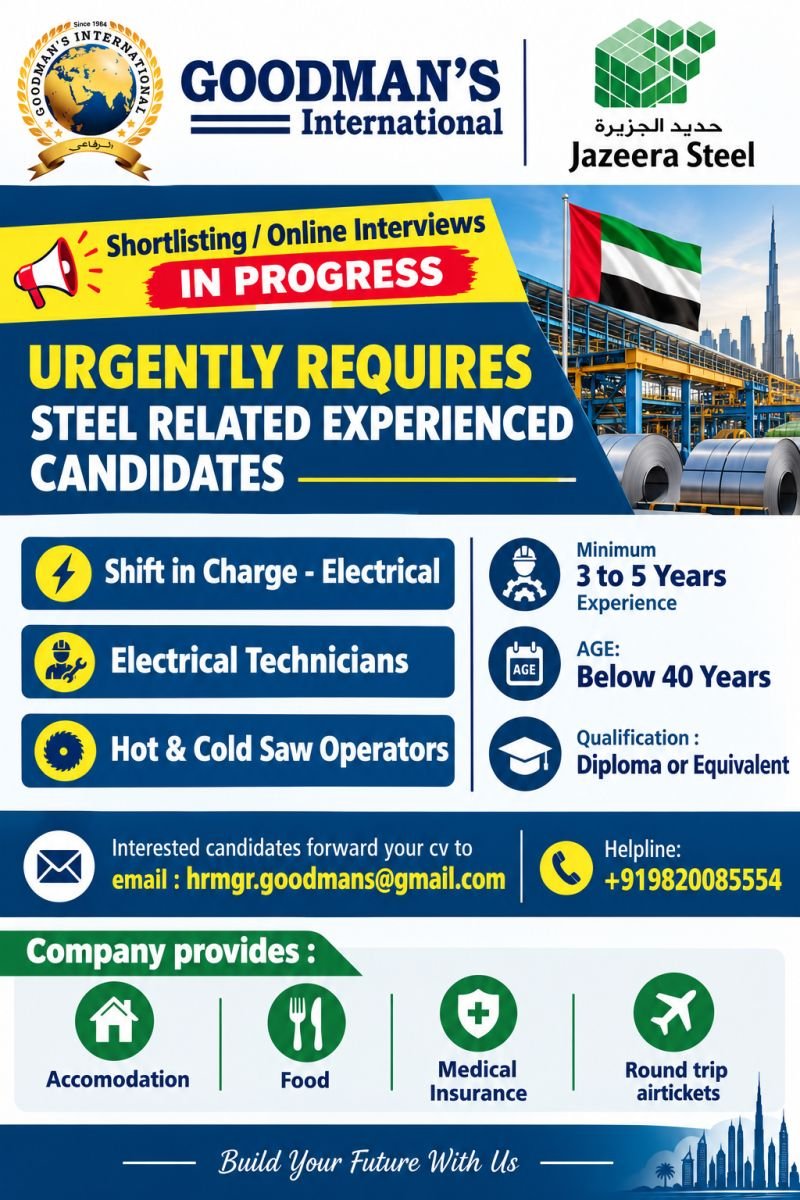 UAE : Hiring For steel manufacturing industry