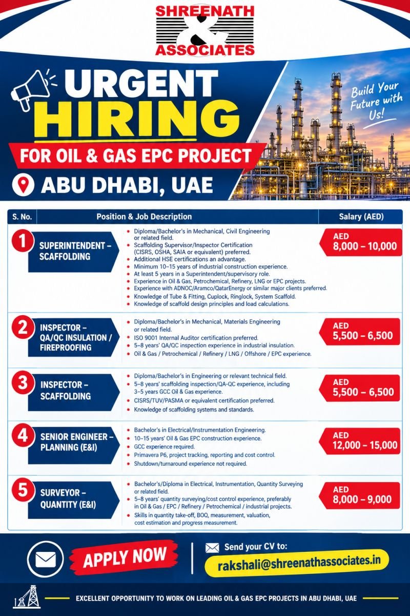 UAE Abu Dhabi Jobs 2026: Oil and Gas EPC Project Recruitment 