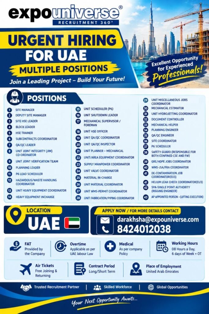 UAE Jobs 2026: 43 Vacancies for Site Management, QA/QC, Planning and Engineering UAE Jobs 2026: 43 Vacancies for Site Management, QA/QC, Planning and Engineering