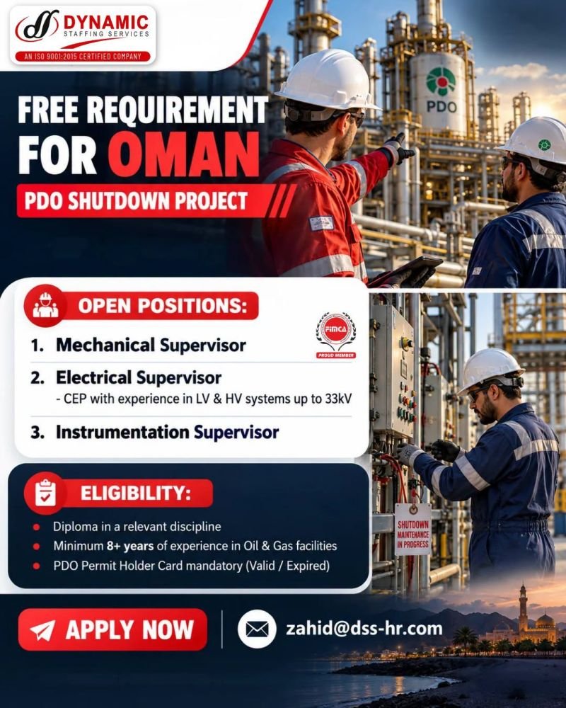 Oman PDO Shutdown Project Jobs 2026: Mechanical, Electrical and Instrumentation Supervisors