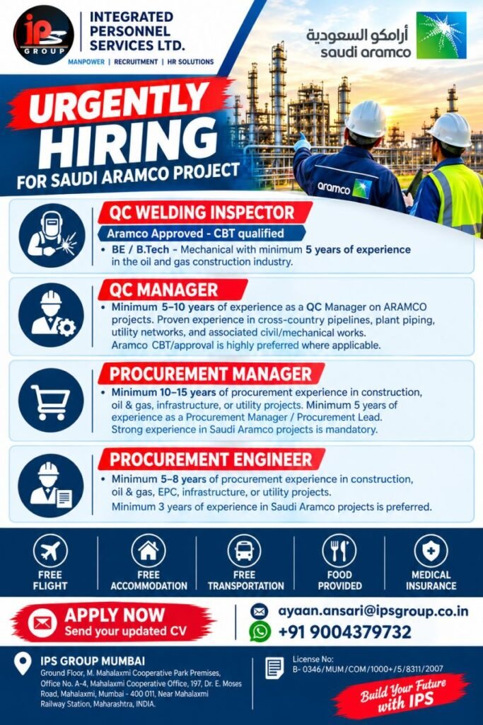 Saudi Aramco Project Jobs 2026: QC, Procurement and Management Vacancies