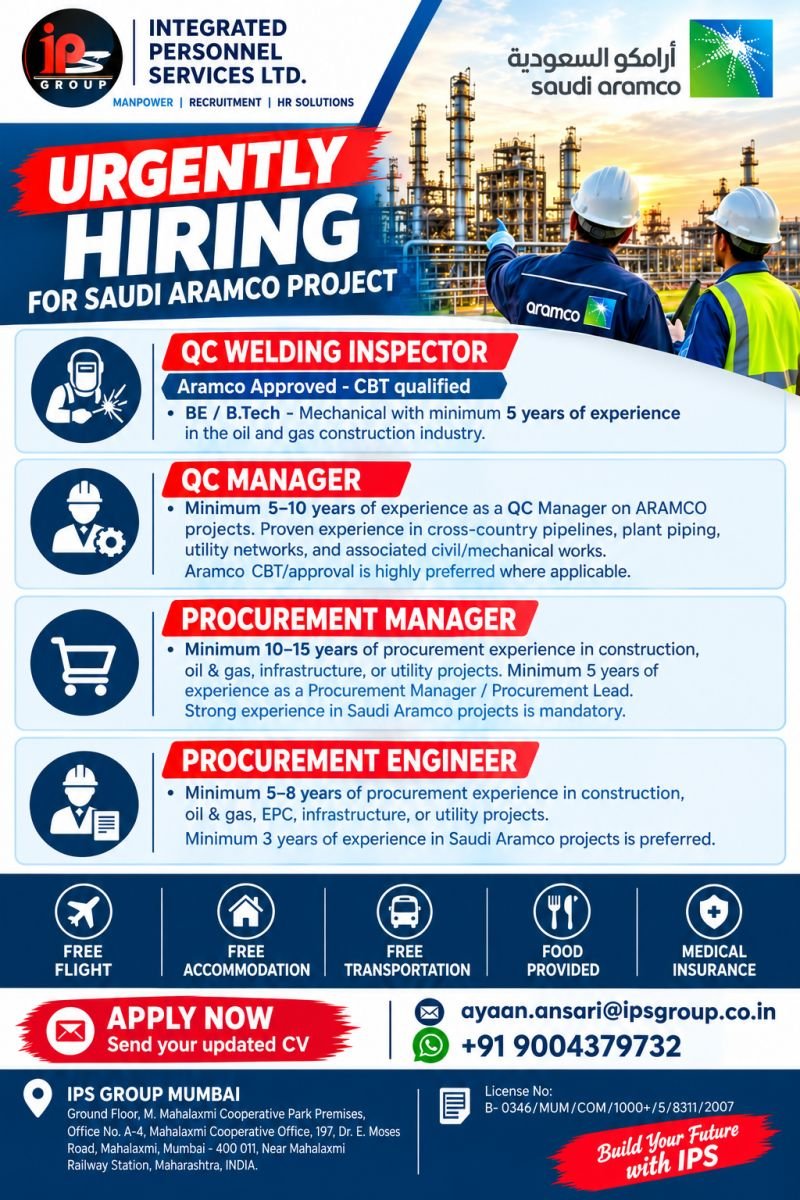 Saudi Aramco Project Jobs 2026: QC, Procurement and Management Vacancies