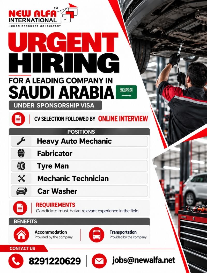 Hiring Urgent For A leading automobile company in Saudi Arabia 