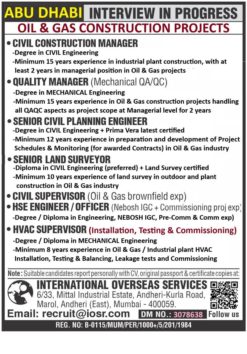 UAE Oil and Gas Jobs 2026 – Civil, QA/QC, Planning, HSE and HVAC Vacancies