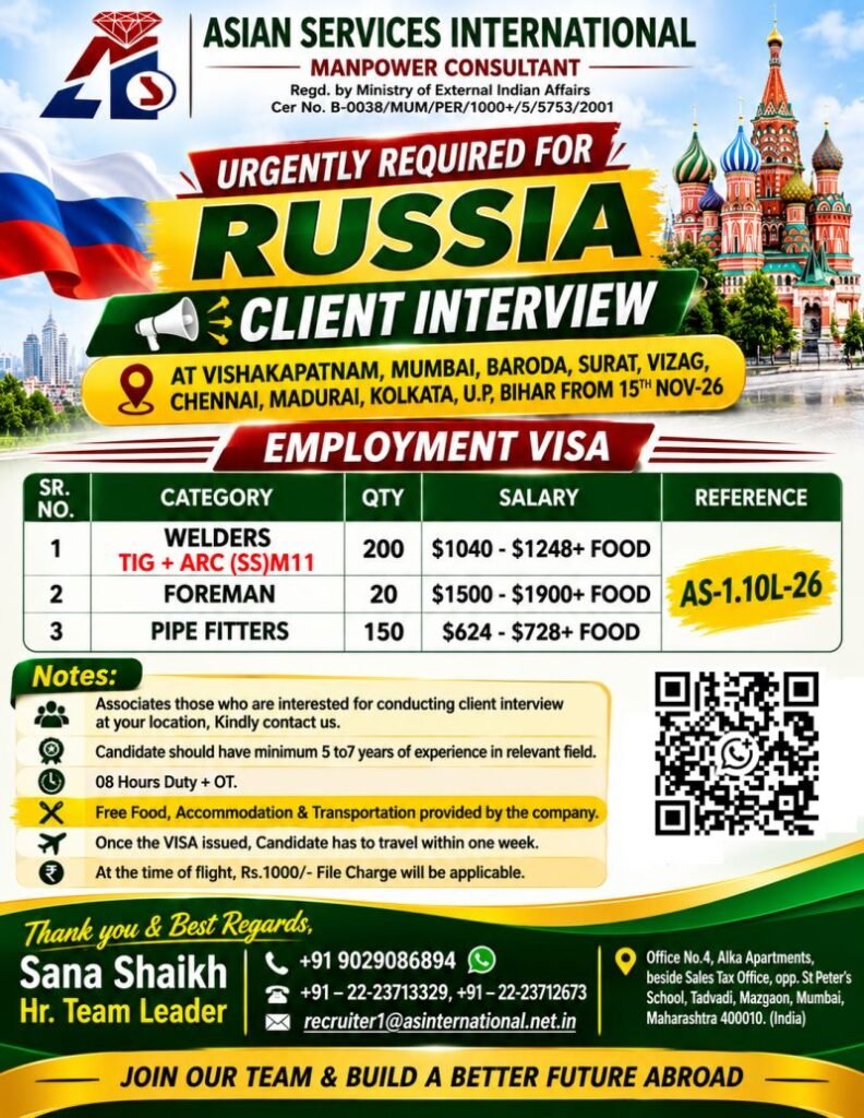 Russia Jobs 2026: Welders, Foremen and Pipe Fitters Required