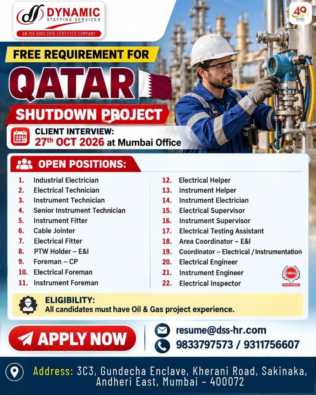 Qatar Jobs 2026: Electrical and Instrumentation Shutdown Project Recruitment