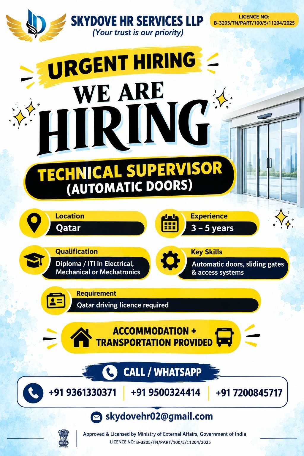 Qatar Jobs 2026: Hiring Technical Supervisor for Automatic Doors