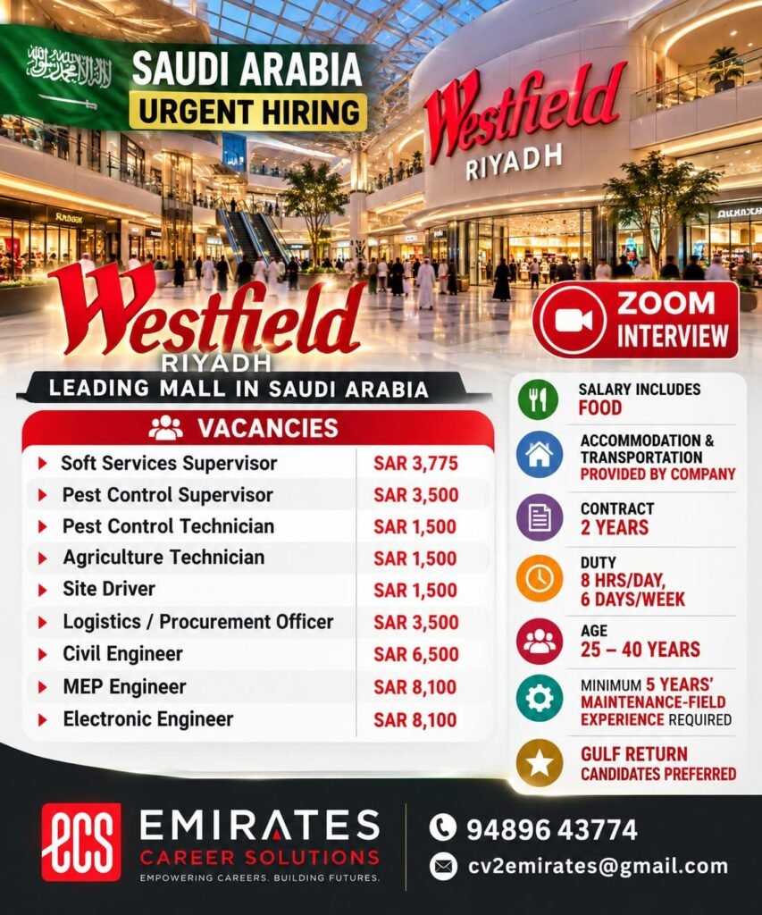 Saudi Arabia Jobs 2026: Westfield Riyadh Hiring for 9 Positions | Salary Up to SAR 8,100