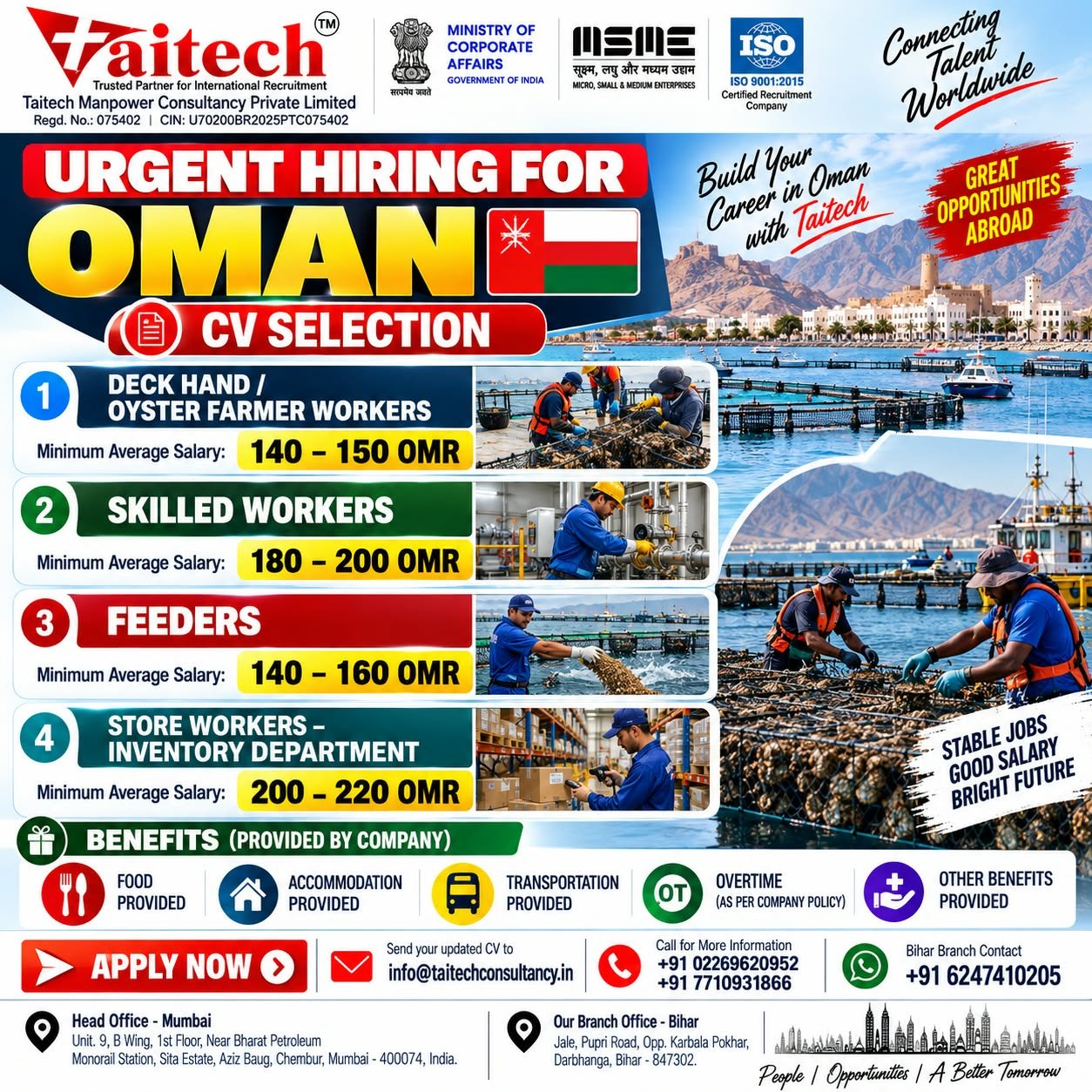 Oman Jobs 2026 – Deck Hands, Skilled Workers, Feeders & Store Workers