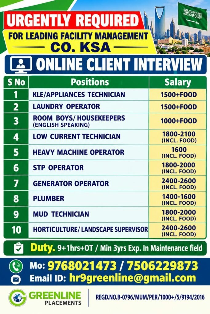 Saudi Arabia Jobs 2026: Facility Management Company Recruitment