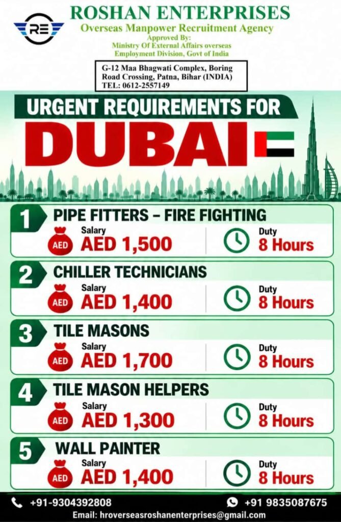 Dubai Jobs 2026: Pipe Fitters, Chiller Technicians, Tile Masons and Painters Required