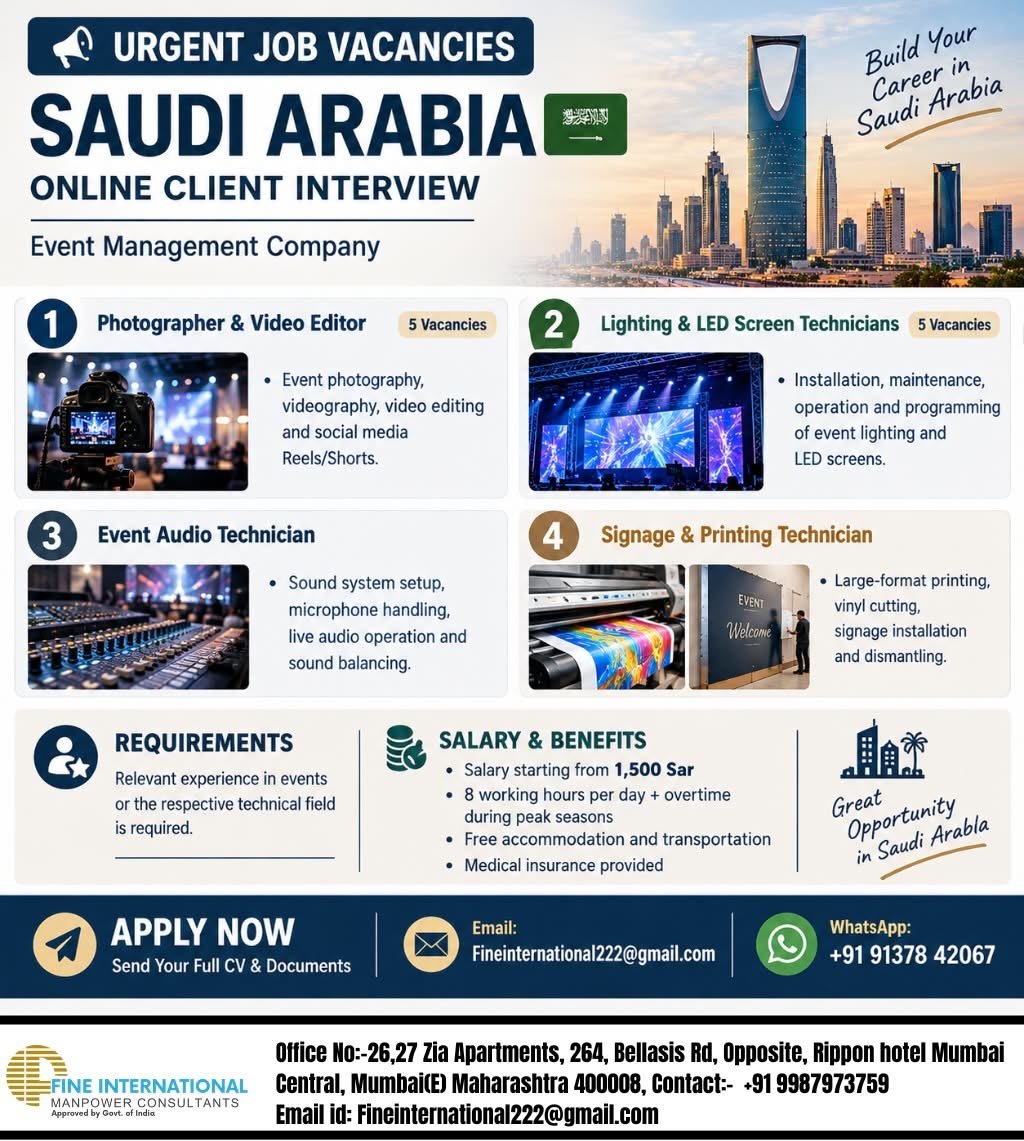 Saudi Arabia Jobs 2026: Event Management Company Hiring Photographers, Technicians and Editors