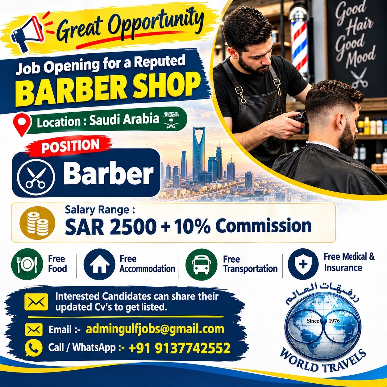 Barber Jobs in Saudi Arabia 2026 – SAR 2,500 Salary + 10% Commission, Free Food and Accommodation