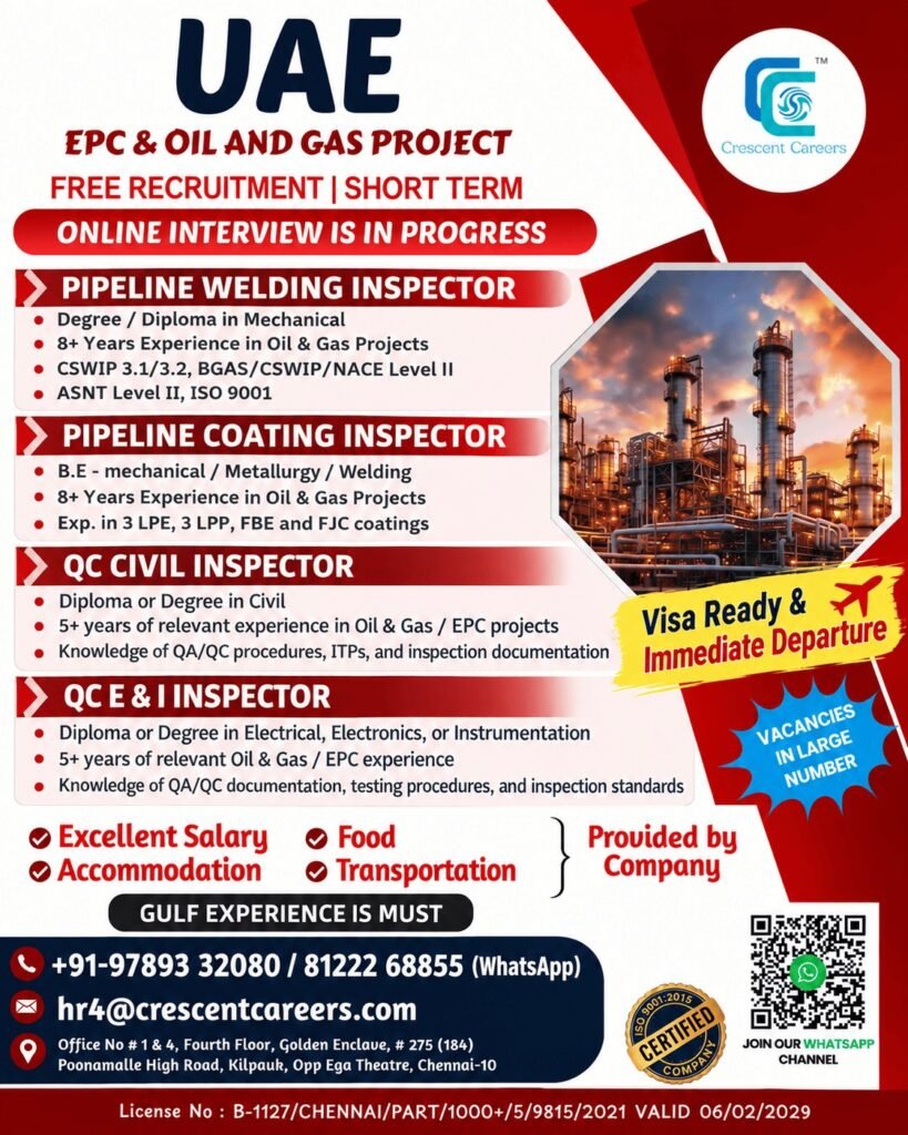 UAE Oil and Gas Jobs 2026: Free Recruitment for Pipeline and QC Inspectors UAE Oil and Gas Jobs 2026: Free Recruitment for Pipeline and QC Inspectors