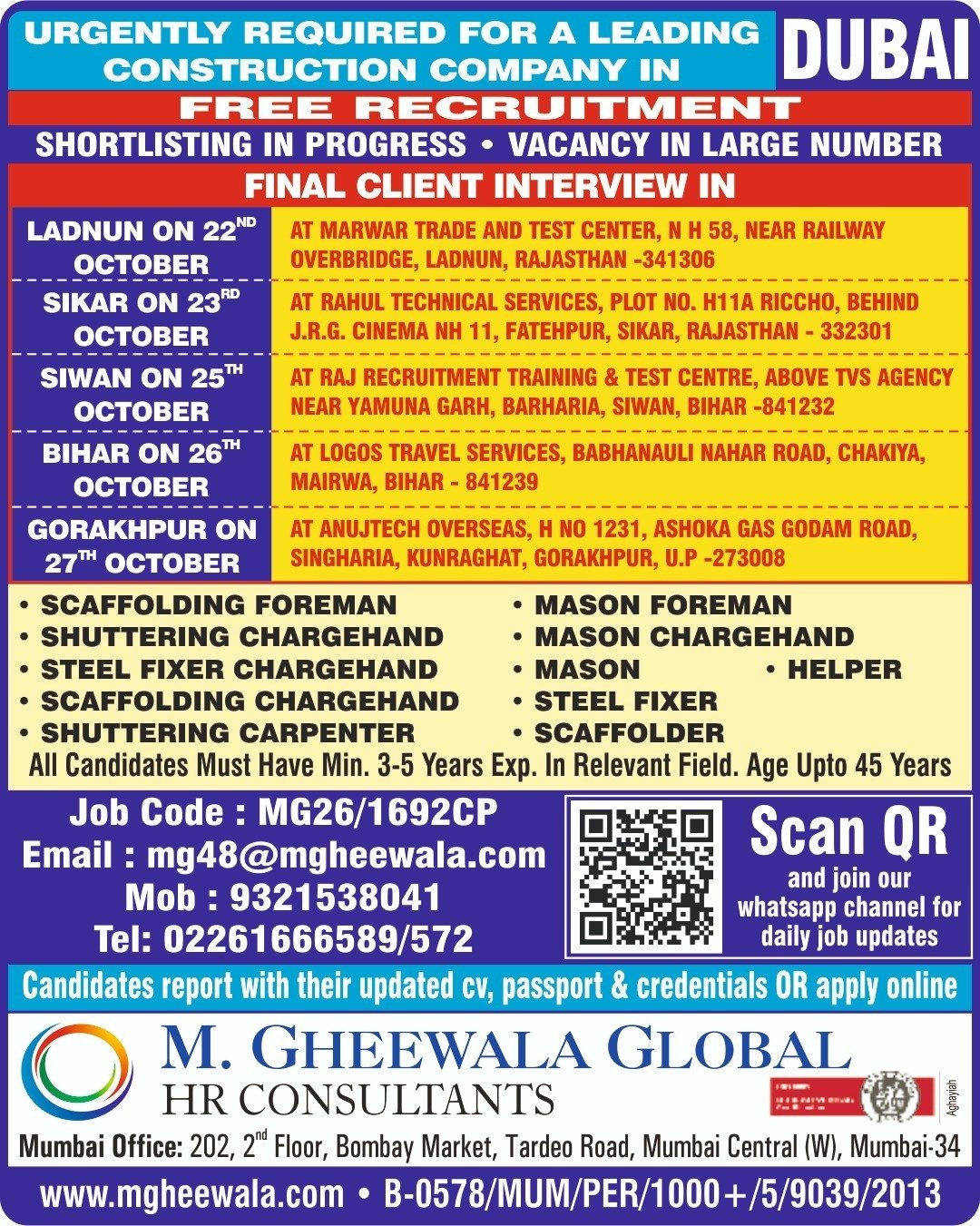 Dubai Jobs 2026: Construction Company Hiring Foremen, Chargehands, Masons and Scaffolders