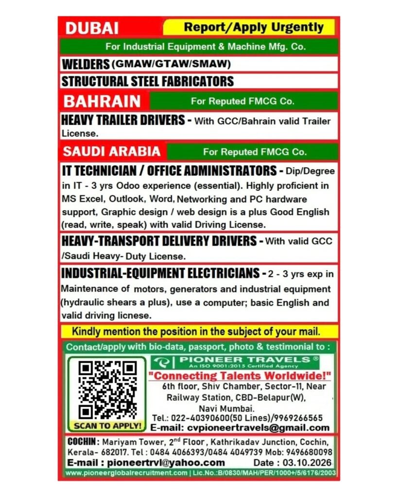 Urgent Hiring For Dubai, Bahrain & Saudi Arabia Urgent Hiring For Dubai, Bahrain & Saudi Arabia